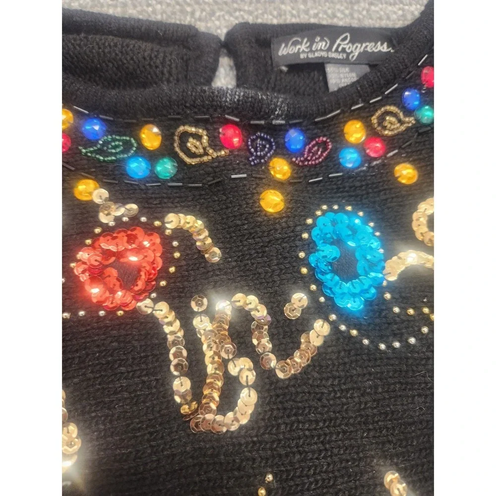 Vtg 80s Work in Progress Silk Angora Sweater Black Knit Sequin Gladys Bagley Lg.